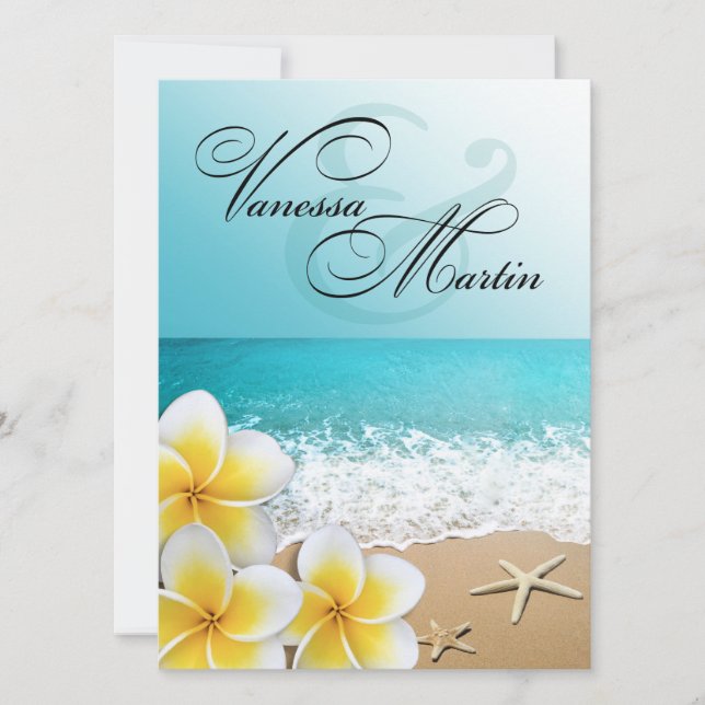 Invitación Plumeria Starfish Beach Boda Tropical (Anverso)