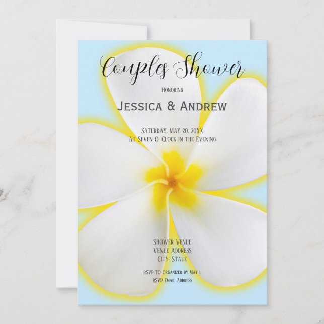 Invitación Plumeria Tropical, Blanca y Amarilla, Floral, Pare (Anverso)