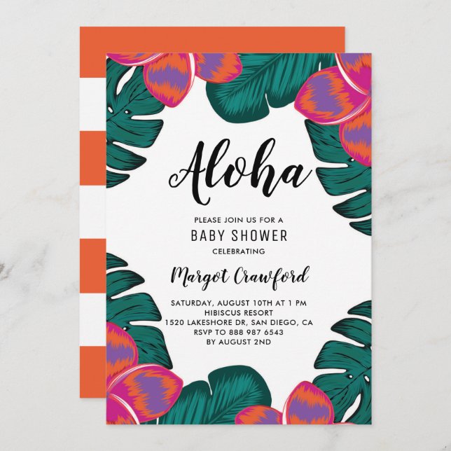 Invitación Plumeria y Verdor de Baby Shower tropical (Anverso / Reverso)