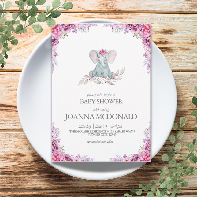 Invitación Plush Elephant | Safari Floral Bebé Chica Ducha (Plush Elephant | Safari Floral Baby Girl Shower Invitation)