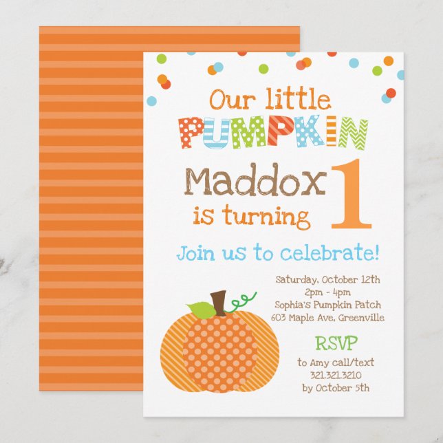 Invitación Poca fiesta de cumpleaños de la calabaza (Anverso / Reverso)