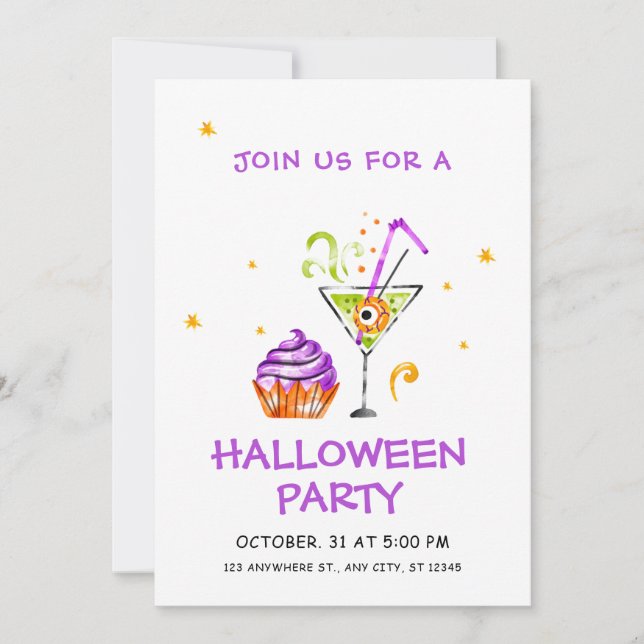 Invitación Poción Verde Halloween morado y blanco espeluznant (Anverso)