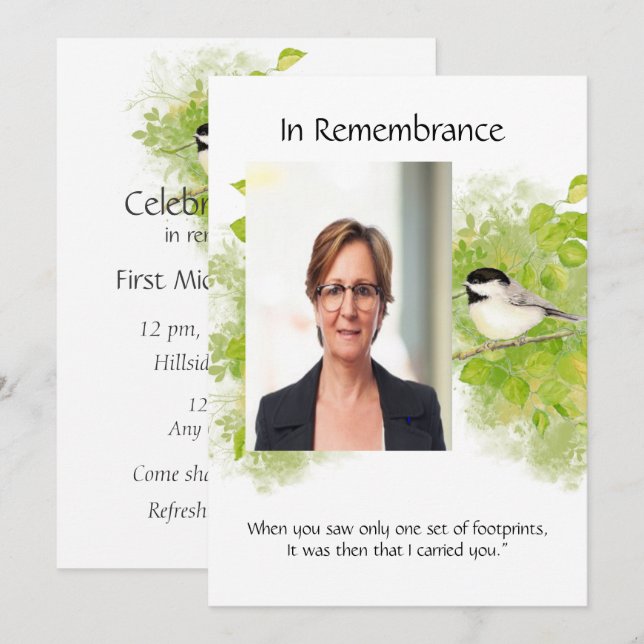 Invitación Pocket Keepsake Memorial Chickadee Naturaleza Arte (Anverso / Reverso)