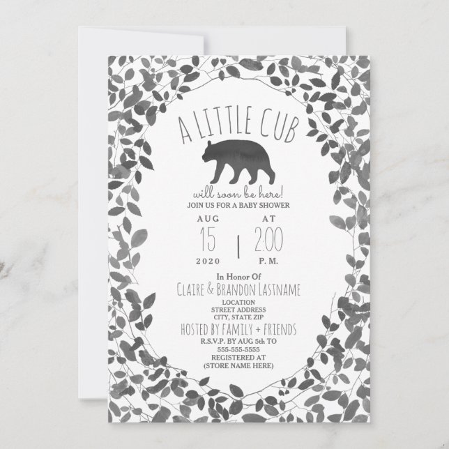 Invitación Poco Cub se ennegrece + Follaje blanco Baby Shower (Anverso)