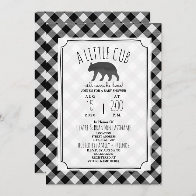 Invitación Poco negro de la tela escocesa de Cub + Baby (Anverso / Reverso)