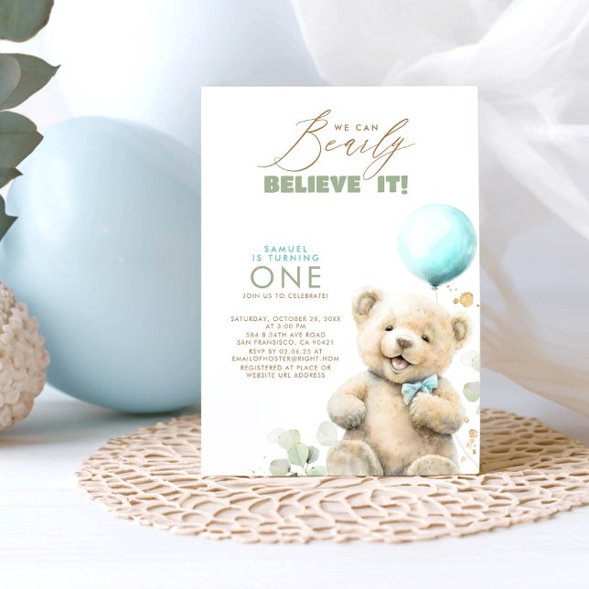 Invitación Podemos creer eso - Teddy Bear primer cumpleaños (We Can Bearly Believe It - First Birthday Invitations)