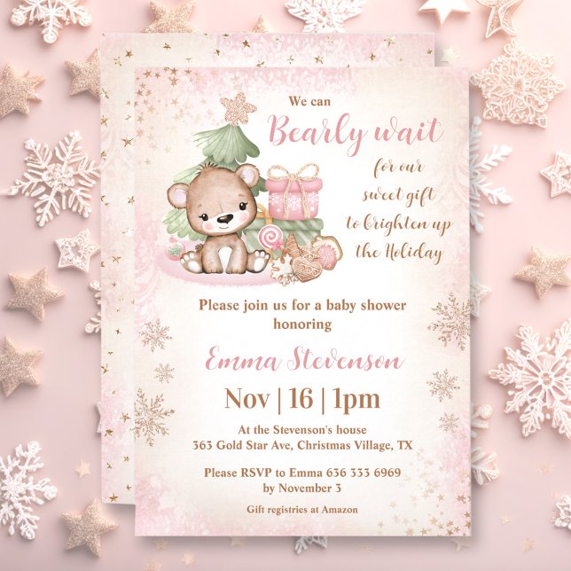 Invitación Podemos Embarazar A Los Navidades Esperantes Con B (We Can Bearly Wait Christmas Bear Pink Baby Shower Invitation)