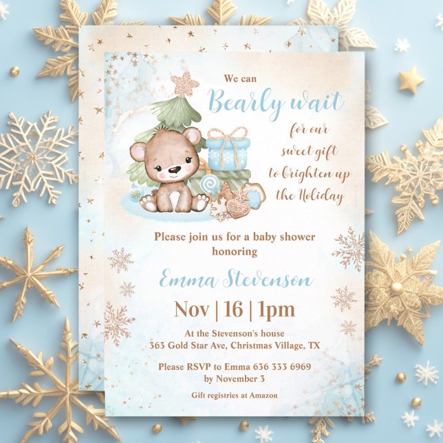 Invitación Podemos Embarazar A Los Navidades Esperantes Con B (We Can Bearly Wait Christmas Bear Blue Baby Shower Invitation)