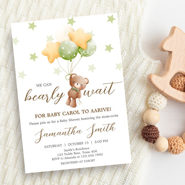 Invitación Podemos Esperar A Baby Shower En Globo (Bear Balloon Baby Shower Invitation)