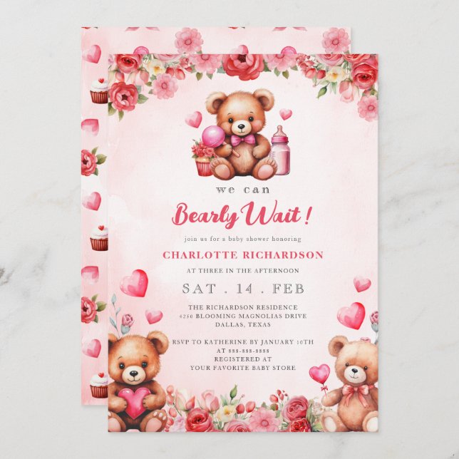 Invitación Podemos Esperar A Baby Shower Floral Teddy Bear (Anverso / Reverso)