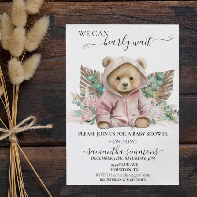 Invitación Podemos Esperar A Baby Shower Pink Boho Bear (Subido por el creador)
