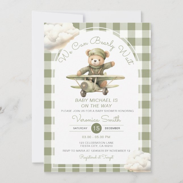 Invitación Podemos Esperar A Baby Shower Sage Green Gingham (Anverso)