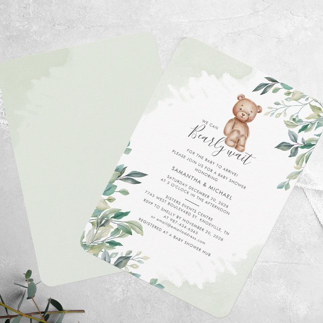 Invitación Podemos Esperar A Eucalyptus Baby Shower Moderno (We Can Bearly Wait Bear Eucalyptus Script Baby Shower Invitation)