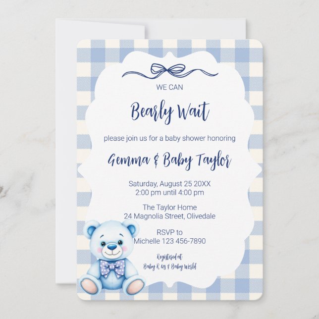 Invitación Podemos Esperar A Gingham Blue Baby Shower (Anverso)