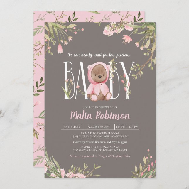 Invitación Podemos Esperar A La Baby Shower De Teddy Bear Ros (Anverso / Reverso)