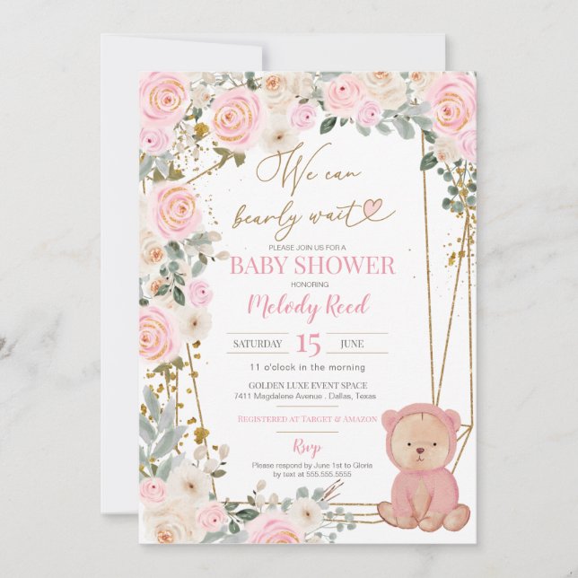 Invitación Podemos Esperar A La Baby Shower De Teddy Bear Ros (Anverso)