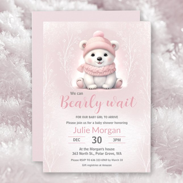 Invitación Podemos Esperar A La Baby Shower Del Oso Polar Ros (We Can Bearly Wait Pink Polar Bear Baby Shower Invitation)