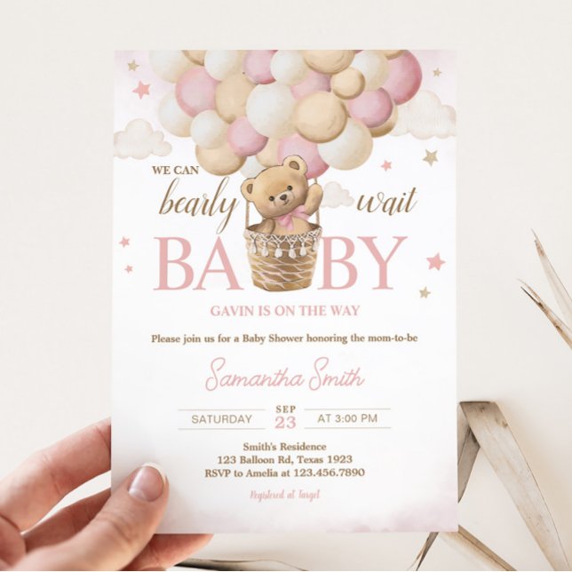 Invitación Podemos Esperar A La Baby Shower Del Oso Rosado (Girl Teddy Bear Balloon Baby Shower Invitation)