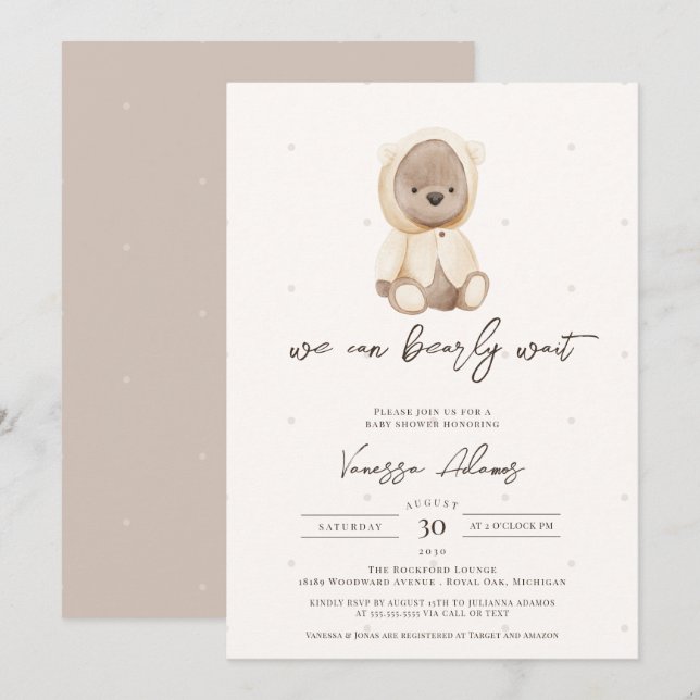Invitación Podemos Esperar A La Bebé, Baby Shower Neutral Ted (Anverso / Reverso)