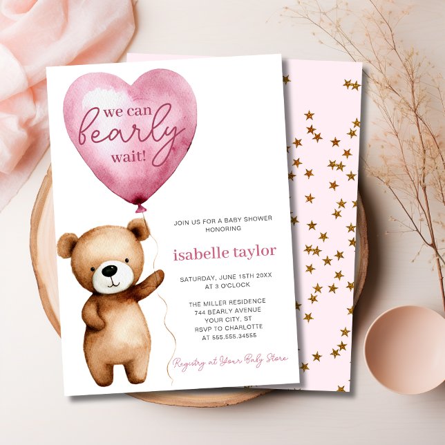 Invitación Podemos esperar a la Chica Baby Shower (we can bearly wait, pink girl baby shower invitation 5 x 7)