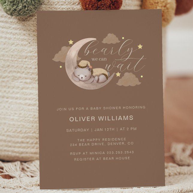 Invitación Podemos Esperar A La Estrella De La Luna Marrón Ba (We Can Bearly Wait Cub Brown Moon Star Baby Shower Invitation)