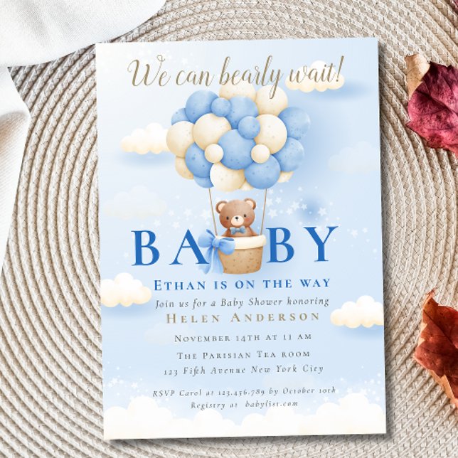 Invitación Podemos esperar a la muerte de Blue Teddy Bear Bab (We can Bearly Wait Blue Teddy Bear Baby Shower Invitation)