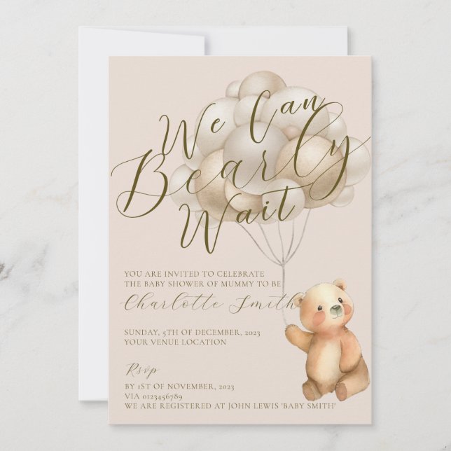 Invitación Podemos Esperar A Los Globos De Oso De Teddy Baby  (Anverso)