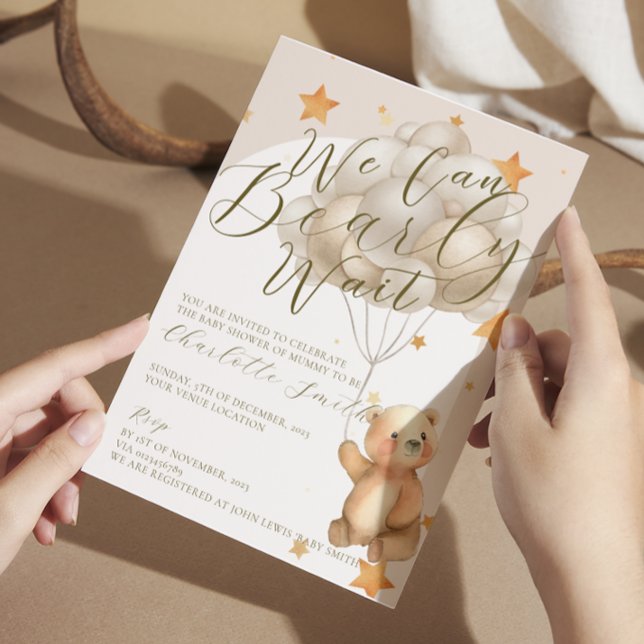 Invitación Podemos Esperar A Los Globos De Oso De Teddy Baby  (we can bearly wait bear theme baby shower invitation)
