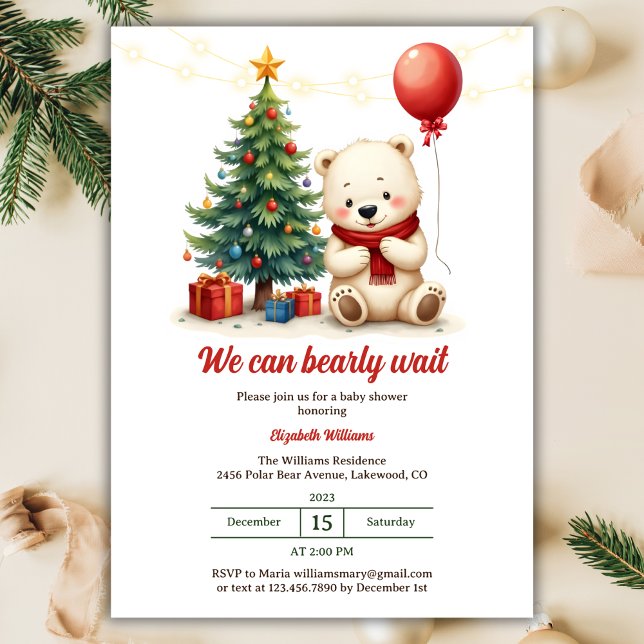 Invitación Podemos Esperar A Los Navidades De Oso Cuto Baby S (We Can Bearly Wait | Cute Polar Bear Christmas Themed Baby Shower Invitation)