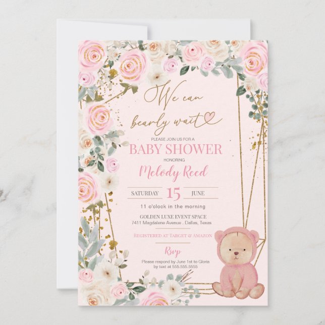 Invitación Podemos Esperar A Pink Teddy Bear Baby Shower Inv (Anverso)