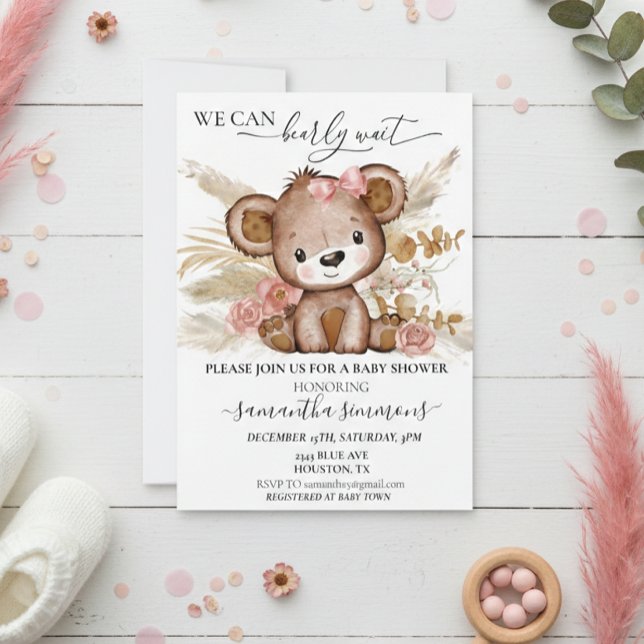 Invitación Podemos esperar a que Baby Shower Bear Boho PInk (Subido por el creador)