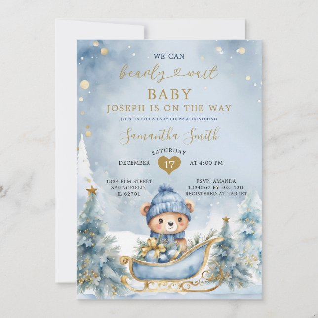 Invitación Podemos Esperar A Que Baby Shower Dusty Blue Winte (Anverso)