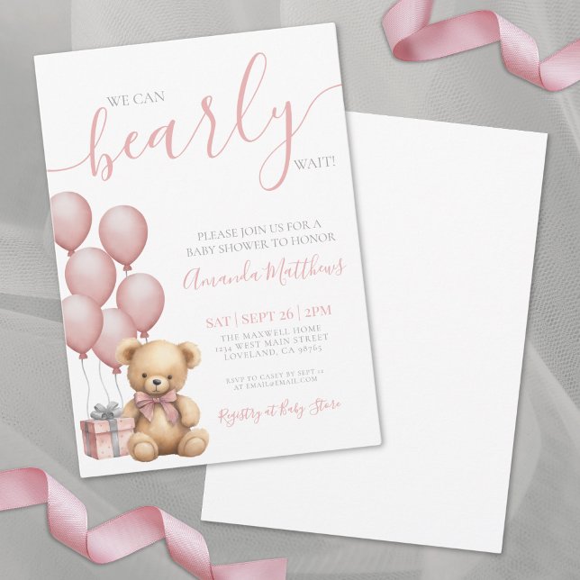 Invitación Podemos Esperar A Que El Chica De Oso Rosa Baby Sh (We Can Bearly Wait Pink Bear Girl Baby Shower Invitation)