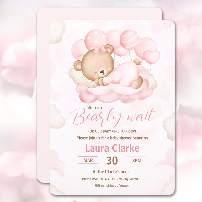 Invitación Podemos esperar a que el Chica rosado de oso Baby  (We Can Bearly Wait Girl pink Bear Baby Shower Invitation)