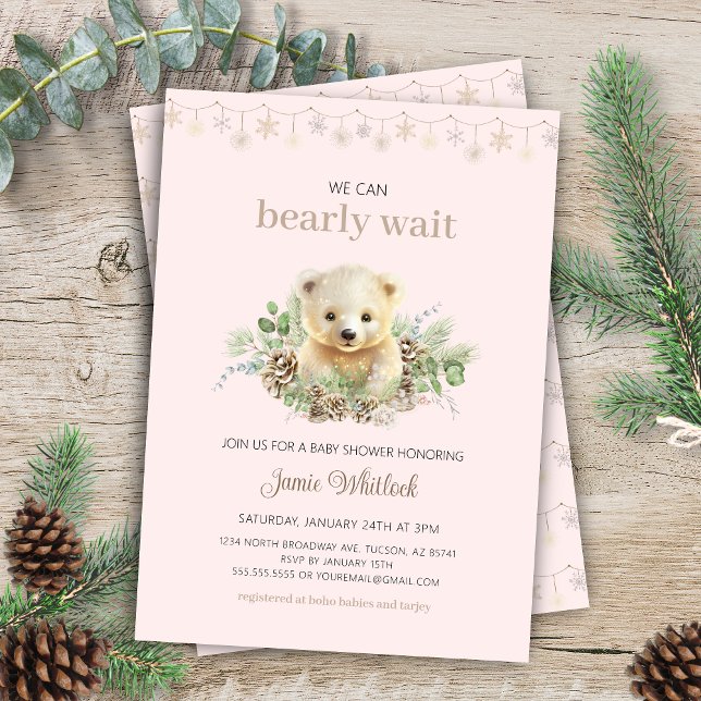 Invitación Podemos esperar a que el Chica rosado llegue a Bab (cute pink whimsical christmas we can bearly wait winter baby shower invitation with boho vibes)