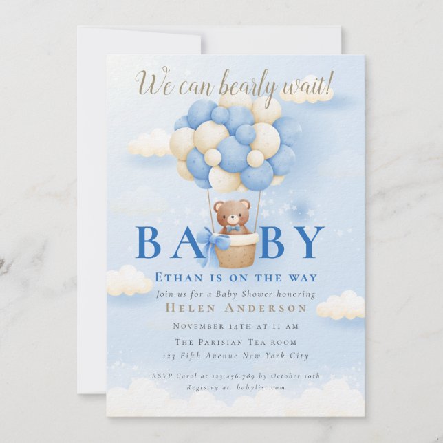Invitación Podemos esperar a que el oso azul de Teddy Baby Sh (Anverso)