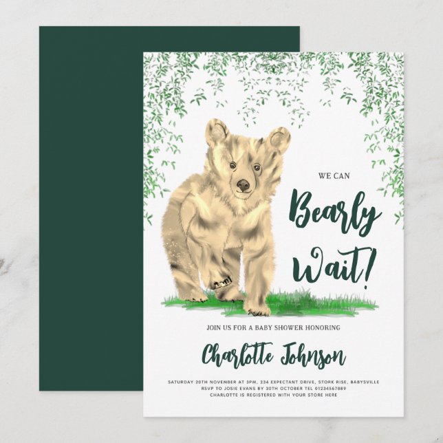 Invitación Podemos Esperar A Que El Oso De Baby Shower Woodla (Anverso / Reverso)