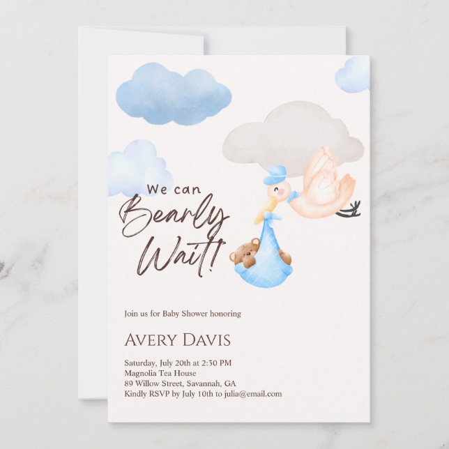 Invitación Podemos esperar a que Teddy Bear Baby Shower BLUE (Anverso)