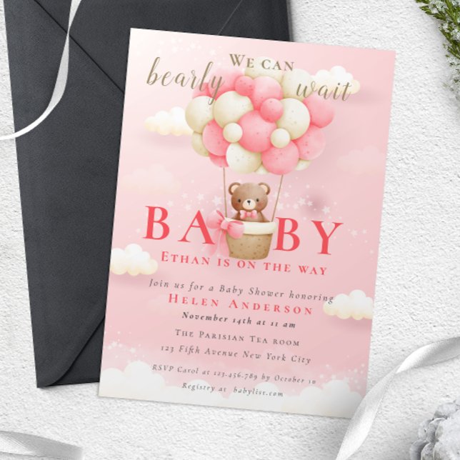 Invitación Podemos esperar a que Teddy Bear Baby Shower Pink (Teddy Bear Balloon Girl Bearly Wait Baby Shower Invitation)