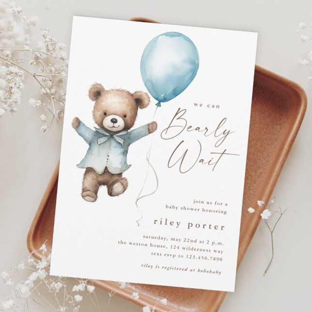Invitación Podemos Esperar A Que Teddy Bear Boys Baby Shower (We Can Bearly Wait Teddy Bear Boys Baby Shower Invitation.)