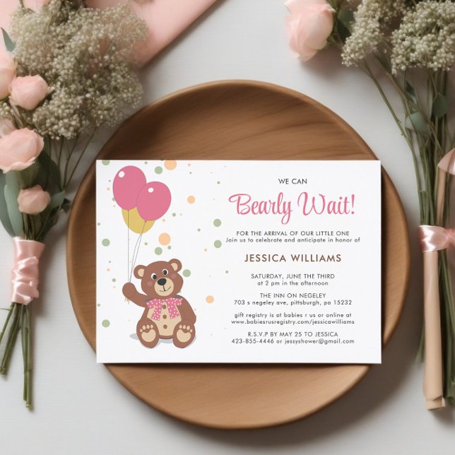 Invitación Podemos Esperar A Que Teddy Bear Cub Chica Baby Sh (Baby Shower Invite in Pink)