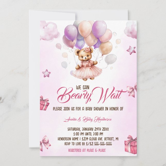 Invitación Podemos esperar a que Teddy Bear Pink Baby Shower (Anverso)