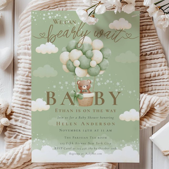 Invitación Podemos esperar a que Teddy Bear Sage Baby Shower (Subido por el creador)