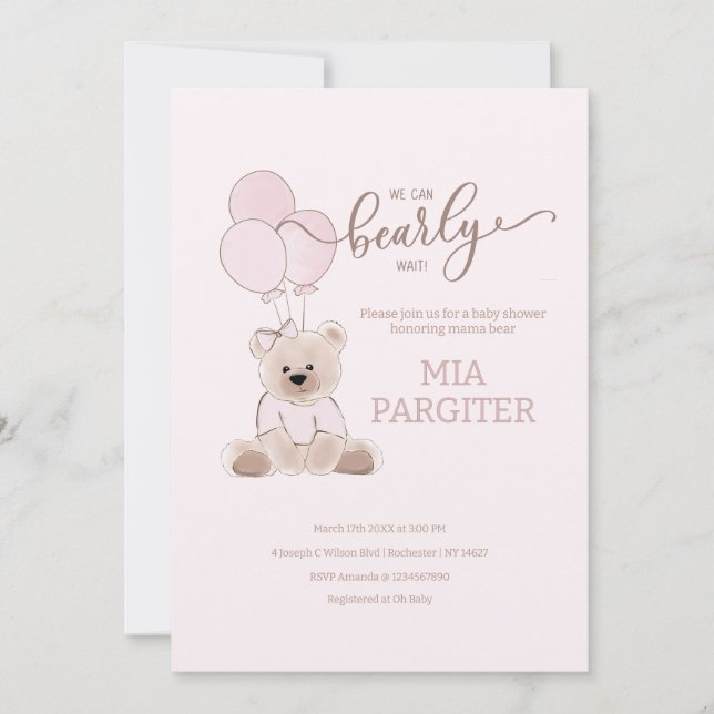 Invitación Podemos Esperar A Teddy Bear Baby Shower Rosa (Anverso)