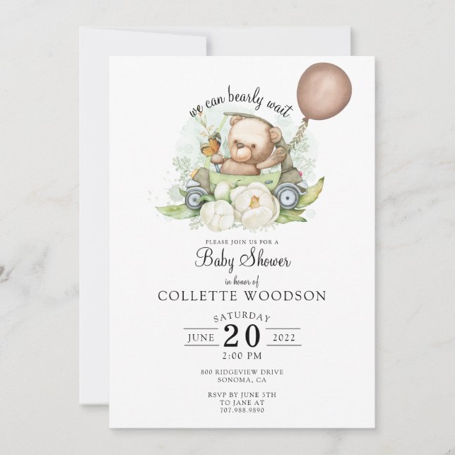 Invitación Podemos Esperar A Teddy Bear Balloon Baby Shower (Anverso)