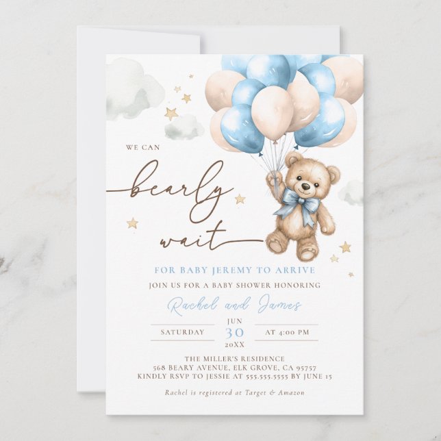 Invitación Podemos Esperar A Teddy Bear Balloon Baby Shower (Anverso)