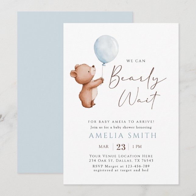 Invitación Podemos Esperar A Teddy Bear Balloon Baby Shower (Anverso / Reverso)