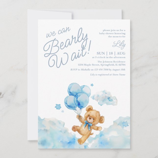 Invitación Podemos Esperar A Teddy Bear Blue Boy Baby Shower (Anverso)