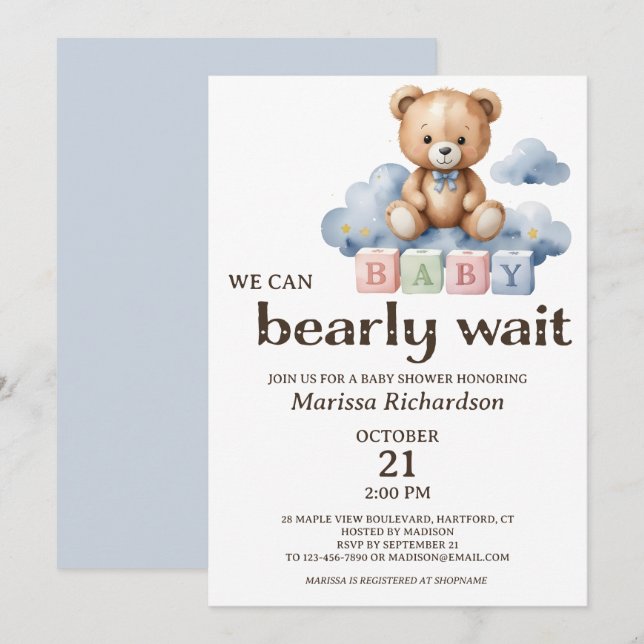 Invitación Podemos Esperar A Teddy Bear Boy Baby Shower (Anverso / Reverso)