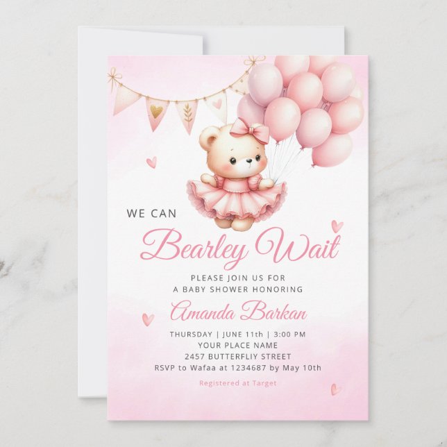 Invitación Podemos Esperar A Teddy Bear Chica Baby Shower (Anverso)